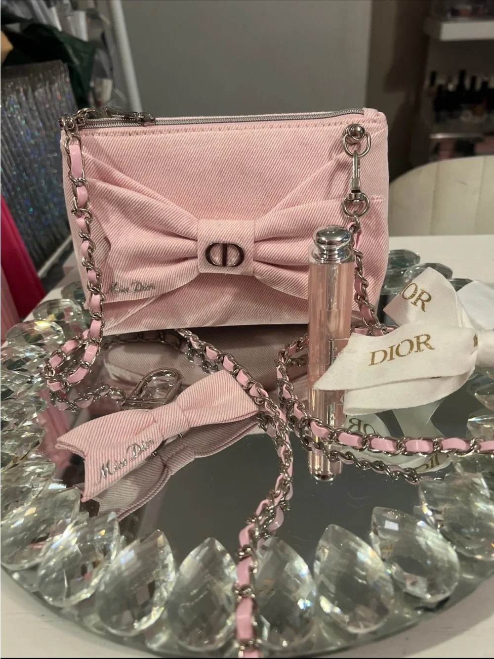 Dior Pink Bow Bag with Pink Braided Chain- Bow Keychain- Addict Reviver in Pink